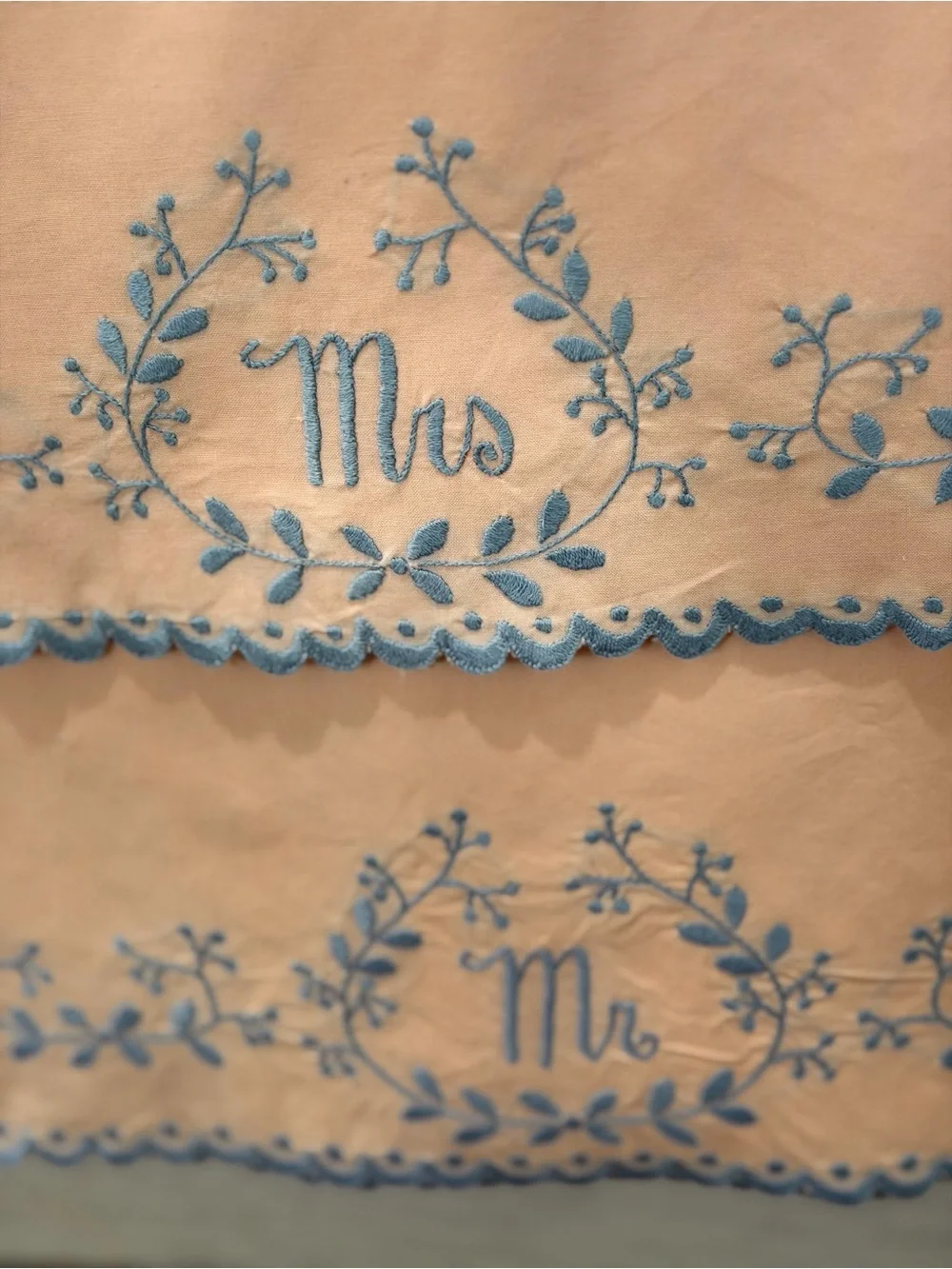 Vintage 1950’s Hand Embroidered Mr. & Mrs. Peach pillow Cases with Blue Trim
